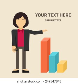 Flat vector illustration. Young businessman with presentation graphs