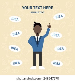 Flat vector illustration. Young businessman pointing up. Creative idea concept