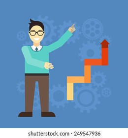Flat vector illustration. Young businessman with presentation graphs