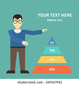 Flat vector illustration. Young businessman with presentation graph