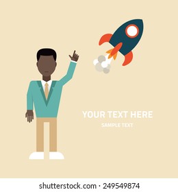 Flat vector illustration. Young businessman pointing at the starting rocket. Startup concept