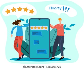 Flat vector illustration.Two young businessmen, a man and a woman, enjoy the high rating of the app on their smartphone.You can use it for a poster,banner, or web site.