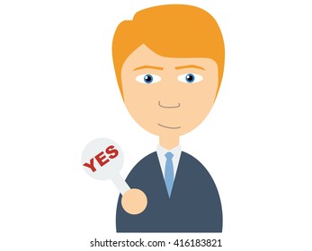 Flat vector illustration of a young caucasian guy in business suits holding a small plate on which Yes is written on white background