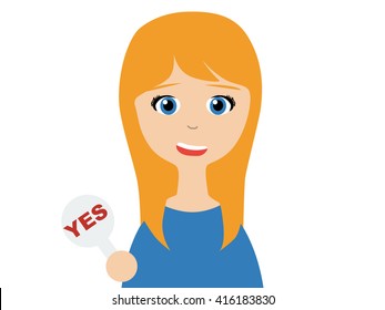 Flat vector illustration of a young caucasian woman in business suits holding a small plate on which Yes is written on white background