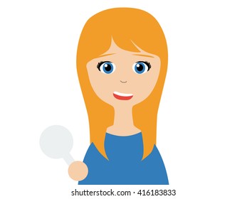 Flat vector illustration of a young caucasian woman in business suits holding a small blank plate 