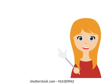 Flat vector illustration of a young caucasian woman in business suits making a presentation