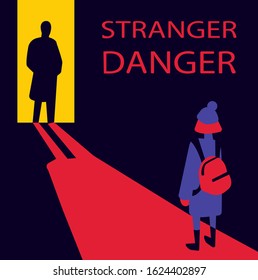 Flat vector illustration of young child meeting male stranger in dark street. Social problem of stranger danger. Children protection and safety. Kids kidnapping and child abuse by unknown people