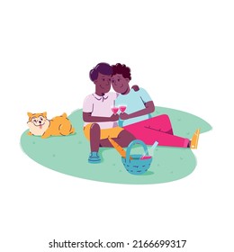 Flat vector illustration with a young couple of dark-skinned men on the grass in the park with a small corgi dog. Gay couple with their dog. Friends drink wine from glasses. A basket with long bread