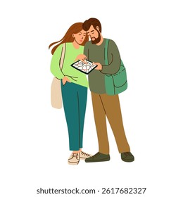Flat vector illustration of a young couple with shoulder bags checking a digital map on a tablet, isolated on white background.