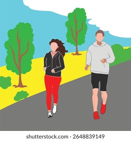 Flat vector illustration of a young couple jogging together in a park surrounded by nature. Healthy lifestyle, outdoor exercise, and fitness activity concept with casual sportswear and bright colors. 