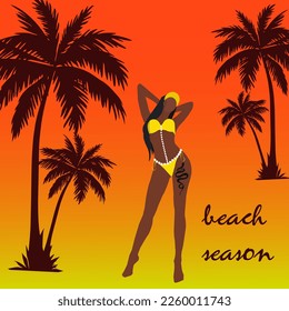 Ilustración vectorial plana de una joven de piel oscura con un bonito traje de baño amarillo con serpiente de tatuaje posando en una playa de verano cerca de palmeras en una isla tropical caliente
