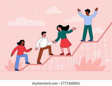 Flat vector illustration of young diverse men and women helping each other on their way to success. Concept of teamwork and business growth.