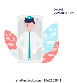 Flache Vektorgrafik eines jungen Arztes mit Uniform aus dem Telefon.Template für die Klinik oder medizinisches Zentrum Website, Landing-Page. weißer Hintergrund mit roten und blauen tropischen Blättern