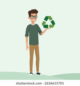 Flat Vector Illustration of Young Eco Activist Holding Recycling Symbol