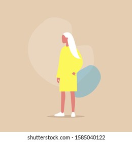 Flat vector illustration of a young female character keeping her hand in pocket, casual look, millennial lifestyle