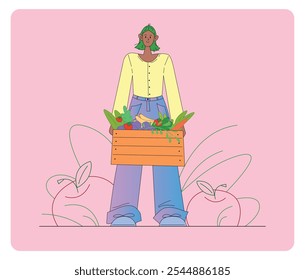 Ilustración vectorial plana de personaje femenino joven que sostiene la caja con comestibles aislados. Mujer en ropa casual que lleva verduras y frutas frescas con una expresión tranquila. Estilo moderno, Colores brillantes