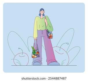 Ilustración vectorial plana de la compra de comestibles de carácter femenino joven aislado. Mujer sosteniendo bolsas ecológicas con comestibles con ropa colorida casual con expresión tranquila. Estilo moderno, Colores pastel