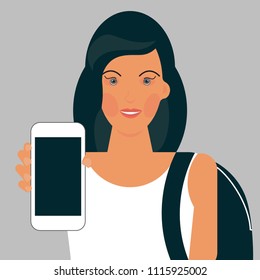 Flat vector illustration of a young girl with backpack and smartphone