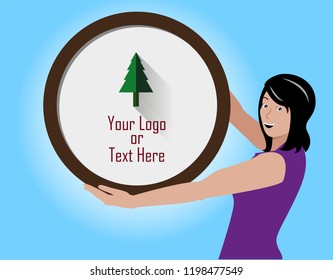 Flat vector illustration of a young girl wearing a purple dress and holding a circular banner, with space of text. Circle banner with space for text and logo. Blue background.