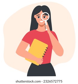 Flat vector illustration. Young girl holding a notepad and magnifying glass for magnification and searching. Internet search concept 