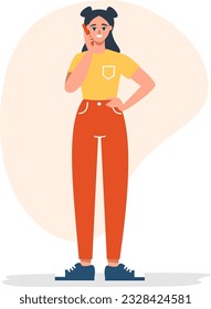 Ilustración vectorial plana. Niña joven sonriendo y hablando por teléfono