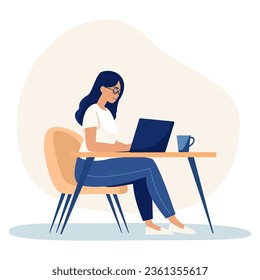 Ilustración vectorial plana. Muchacha trabajando en la computadora. Ministerio del Interior, flores en ollas 