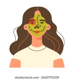Ilustração vetor plana de uma jovem menina com a maquiagem zumbi de Halloween