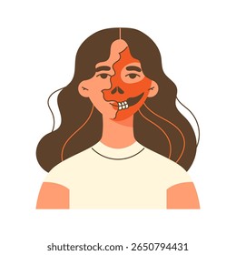 Ilustração vetor plana de uma jovem menina com maquiagem de Halloween assustadora