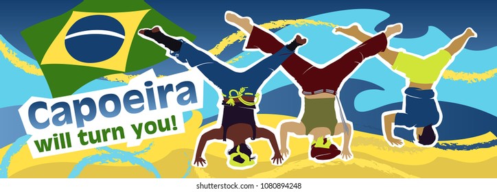Flat vector illustration of a young girls and guy who are standing on theirs heads on the sun beach. Text Capoeira will turn you!