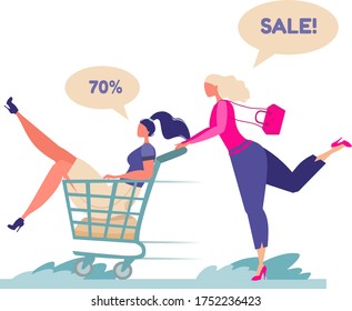 Flat vector illustration. Young girls running for sale. Big discounts in stores. Opening stores after quarantine. The girl carries her friend on a grocery cart.