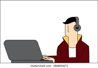 Flat vector illustration of a young guy listening to music while surfing the internet