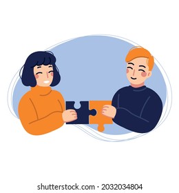 Ilustración vectorial plana de jóvenes felices conectados por puzzle. Buenas relaciones entre las personas. Relaciones, amistades y colegas.
