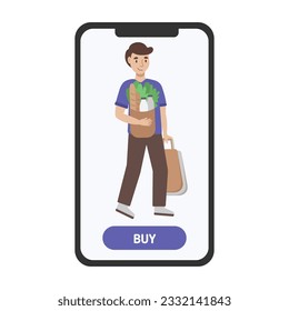 Flat vector illustration with a young male character with food and grocery goods in eco packaging after shopping time in a supermarket on the phone screen. Online shopping and delivery concept.