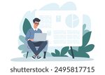 Flat vector illustration. Young man sitting in a chair and working, banner. Man giving presentation from home 