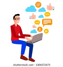 Flat vector illustration of a young man working with a laptop