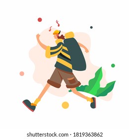 flat vector illustration young man and women having recreation outdoor with natural scene template background landing page advertisement