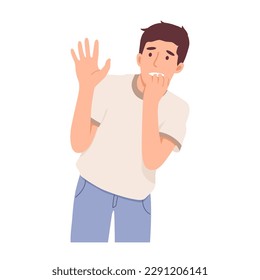 Flat vector illustration, a young man is shocked, scared and biting his finger.