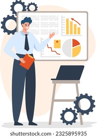 Ilustración vectorial plana. Un joven está dando una presentación, con un ordenador portátil sobre la mesa. Presentación de negocios y concepto de negocio 