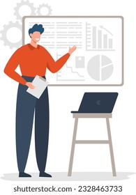 Flat vector illustration. A young man is giving a presentation, with a laptop computer on the table. Business presentation and business concept . 