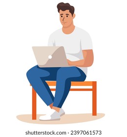 Flat vector illustration. Young man working at a laptop. 