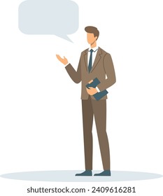 Flat vector illustration. A young man in a business suit holds a folder and says something. Place for your text in the speech bubble