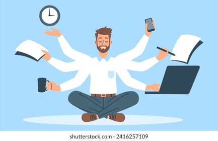 Flat vector illustration. Young man in office clothes with three pairs of hands doing many things at the same time. Concept of multitasking and calmness 