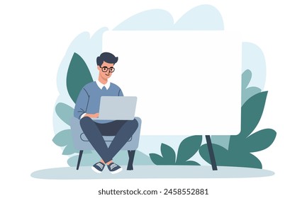 Flache Vektorillustration. Junger Mann sitzt auf einem Stuhl und arbeitet, Banner mit Platz für Ihren Text. Mann gibt Präsentation von zu Hause aus 