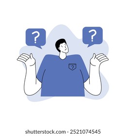 A flat vector illustration of a young man spreading his hands in a helpless gesture, surrounded by question marks. Great for uncertainty, confusion, and problem-solving themes.