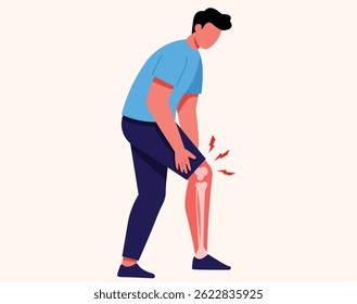 Flat vector illustration of a young man experiencing leg pain, representing muscle or bone issues.