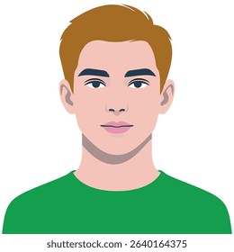Flat vector illustration of a young man with light skin, brown hair, and green t shirt. Ideal for profile icons, web avatars, user interfaces, character designs, and educational visuals.