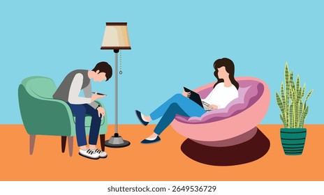 Flat vector illustration of a young man and woman relaxing indoors, using mobile phone and tablet, sitting on modern chairs with houseplant and floor lamp.