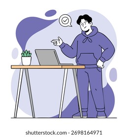 Ilustración vectorial plana de un joven apuntando a una computadora portátil que indica la finalización y el éxito de la tarea.