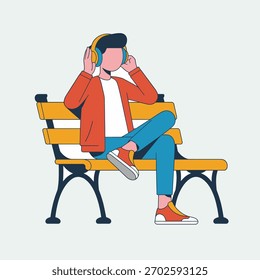 Uma ilustração vetorial plana de um jovem sentado sozinho em um banco de parque, parecendo pensativo.