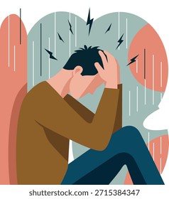 Flache Vektorgrafik eines jungen Mannes, der in Not sitzt und den Kopf hält, psychische Kämpfe, Angst, Depression und emotionalen Burnout repräsentiert
